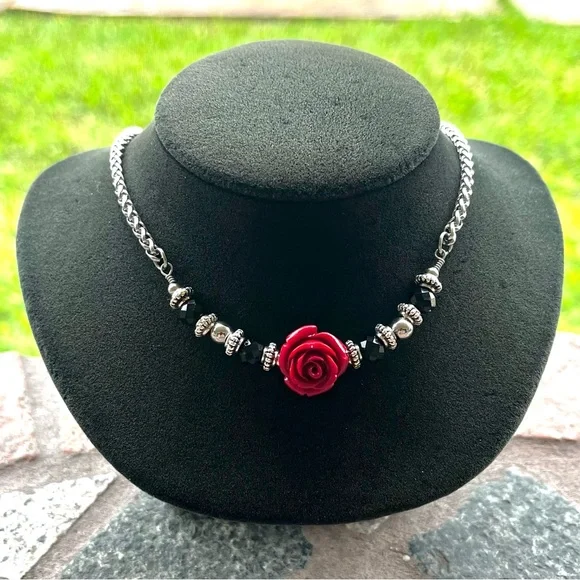 Handmade stainless steel red rose flower wheat chain link choker necklace - Picture 5 of 9